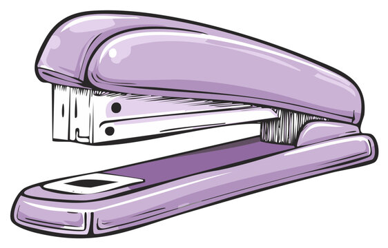 A classic purple office stapler illustrated in a bold cartoon style