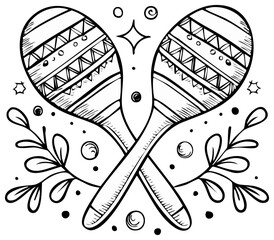 Hand Drawn Mexican Style Maracas Festive Musical Instruments with Decorative Elements