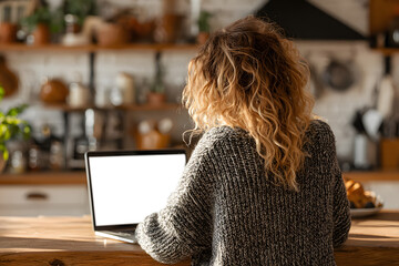 Hipster teen girl student sit at kitchen table usinglaptop computer touchpad mck up white blank monitor creen learning online on mdern notebook working fromhome office. Over shouldercloseup view