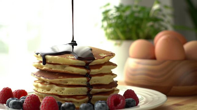 Appetizing Stack of Golden Pancakes Drizzled with Chocolate Syrup Garnished with Fresh Blueberries and Raspberries on a White Plate Beside Full of Eggs and a Plant Perfect for National Pancake Day