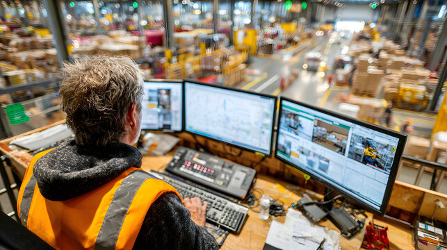 A logistics manager is seated at a desk focused on mltiple computer screens whle overseeing operations i a bustling warehouse filld with activity - Powered by Adobe