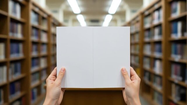 Hands hold white card in library with bookshelves copy space