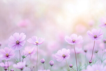 柔らかな光に包まれた薄紫色のコスモス畑