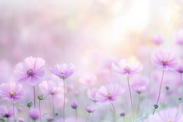 柔らかな光に包まれた薄紫色のコスモス畑
