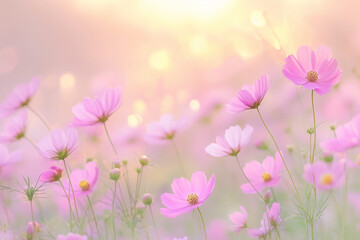 柔らかな光に包まれたピンクのコスモス畑