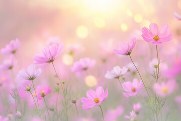 柔らかな光に包まれたピンクのコスモス畑