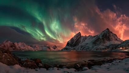 Fototapeta premium Night sky panorama over mountains, sea, and illuminated clouds