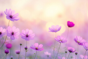 柔らかな光に包まれたピンクのコスモス畑