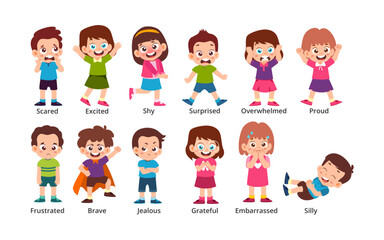 Set of cute little kids activities cartoon characters with little boy and girl scared, excited, shy, surprised, proud, frustrated, brave, jealous, grateful, embarrassed, silly. Feeling expression mood