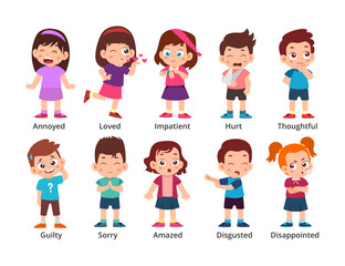 Set of cute little kids emotion activities cartoon characters with little boy and girl annoyed, loved, hurt, thoughtful, guilty, sorry, amazed, disgusted, disappointed. Feeling expression or mood kid.