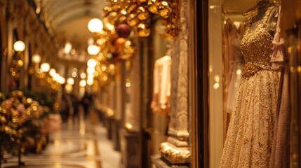 Obraz premium Elegant Bridal Gown Display in Luxurious Shopping Arcade with Warm Lighting