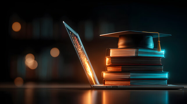 Digital online education with a laptop serving as a ook screen web page with boks and a graduation hat ofers e learning training wrkshops courses and cloud echnology at home