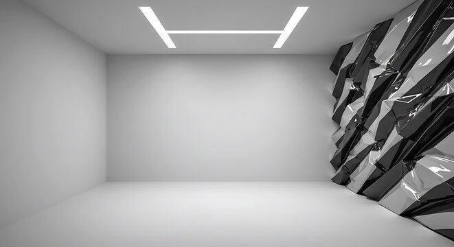 Empty square room with Diagonal black and white steel wrinkles on wall
