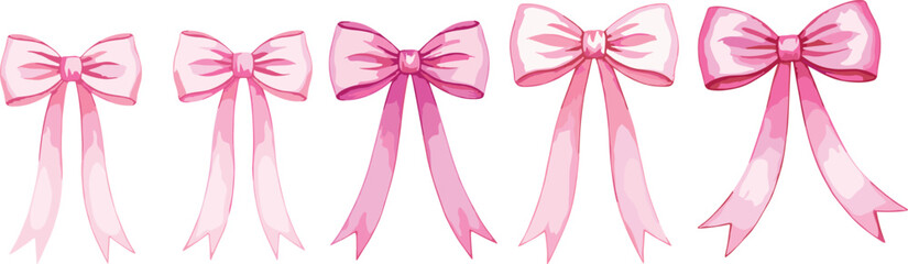 Pink ribbon bows collection, cute girly fashion accessories, decorative gift wrap elements, festive holiday design, hand drawn vector illustration