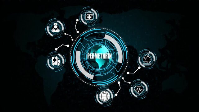  HUD animation Hologram Medicine Ingredient permethrin on world map  background  
