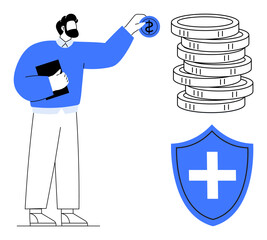 Man holding tablet places coin near a stack of coins, shield with cross symbolizing protection. Ideal for savings, insurance, investment, budgeting, finance, stability wealth. Simple flat metaphor