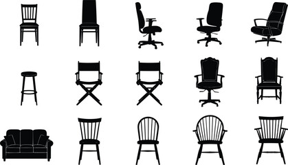 Silhouette collection of chairs and sofa, vector furniture set, office chair, dining chair, bar stool, modern classic home design