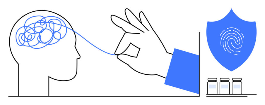 Hand untangling brain thread symbolizes clarity and problem-solving, shield with fingerprint ensures security and privacy, and bottles highlight science. Ideal for innovation, psychology, clarity