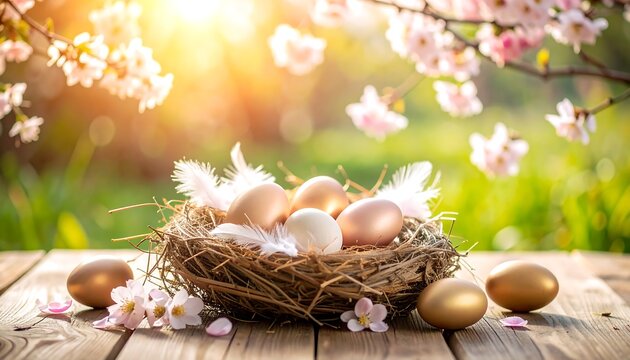 Easter eggs in a nest, spring blossoms (1)