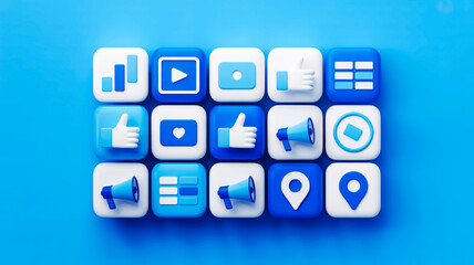 15 glossy 3D icons, grid layout, social, analytics, light blue