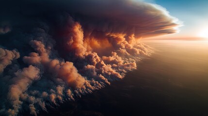 Naklejka premium Majestic cloud formation during sunset with dramatic lighting over vast ocean horizon