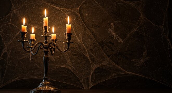 Burning candles in a candelabra illuminate a haunted room with spiderwebs. Perfect for halloweenthemed designs, spooky decor, or festive visuals. - Powered by Adobe