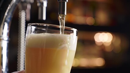 Close Up Beer Pouring into Glass with Frothy Foam at a Bar Setting Perfect for Beverage Ads and National Beer Day Celebration with Golden Hue and Blurred Background with Bubbles and Fizz
