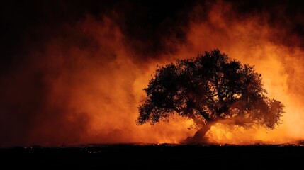 Majestic tree engulfed in flames against night sky