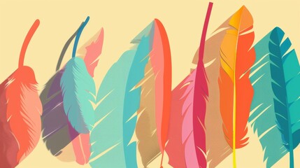 Simple Flat Printing Background: Soft Pink Feather with Colorful Flower & Isolated Bird Illustration