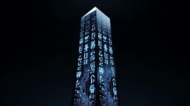 Futuristic Obelisk with Glowing Blue Digital Symbols and Cybernetic Code.
