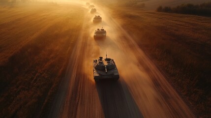 Military convoy maneuvering at dawn open terrain aerial view tactical operations army strategy