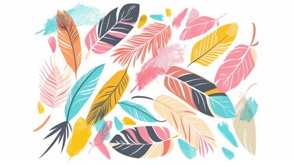 Obraz premium Simple Flat Printing Background: Soft Pink Feather with Colorful Flower & Isolated Bird Illustration