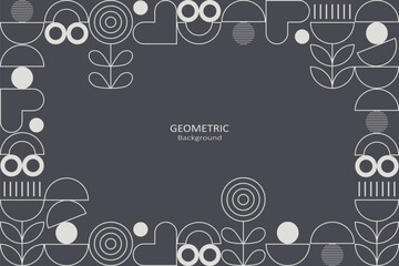 Geometric floral with white line art on a gray background, featuring abstract shapes, hearts, and circles with copy space, perfect for minimalist design themes