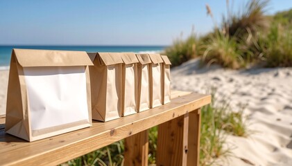 Three stylish bags in varying colors rest on a rustic wooden bench, with a serene beach and gentle waves softly lapping at the shore in the background.