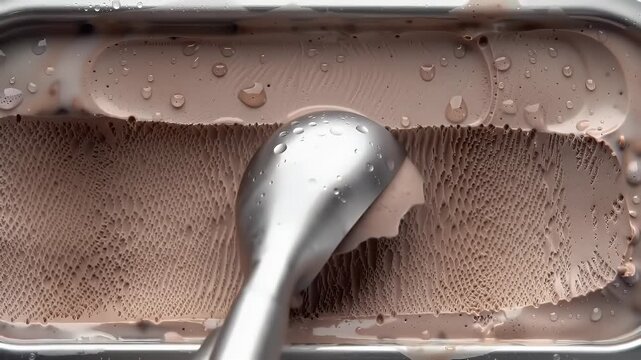 Close Up of a Scoop in Chocolate Ice Cream Container Rich Brown Dessert with Metallic Scoop Detailed and Smooth Texture Droplets on the Surface Top Down High Angle Perfect for Food Content Promotion