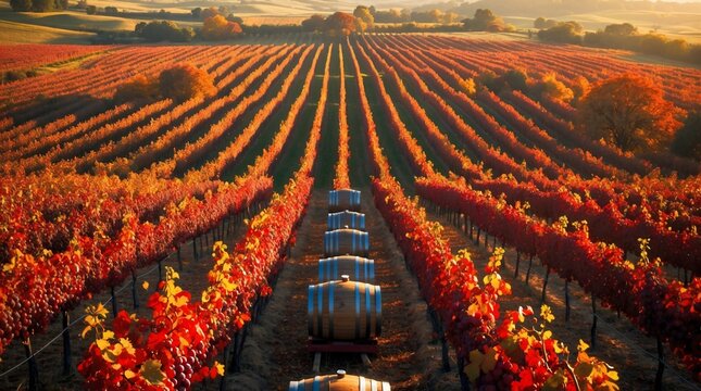 Aerial View of Vineyard Rows with Wine Barrels at Sunset.
