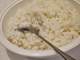 a bowl of plain cooked white rice with a spoon in it.