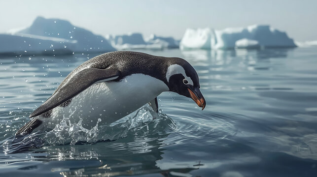 Penguin Leaping from Icy Ocean with Splash and Icebergs under Clear Sky