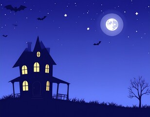 Naklejka premium Silhouette of a spooky haunted house at night, with bats and a full moon.