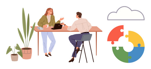 Two people discussing at a desk with laptop, coffee, and plants, paired with a puzzle chart and cloud. Ideal for teamwork, strategy, innovation, communication, networking planning simple flat