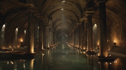 Fototapeta premium Ancient stone columns and water in underground hall