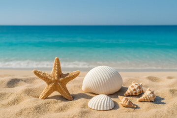 여름 바닷가와 불가사리 조개 이미지