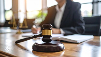 Close-up of a wooden judge's hammer resting on a court desk, with a writing lawyer in the blurry background