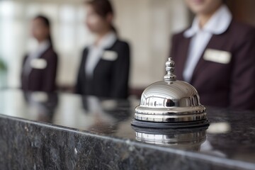 Close-up of silver hotel bell on marble counter with blurred staff in background. Concept for hospitality services, customer assistance, and luxury accommodations