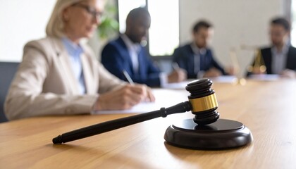 Close-up of a wooden judge's hammer resting on a court desk, with a writing lawyer in the blurry background