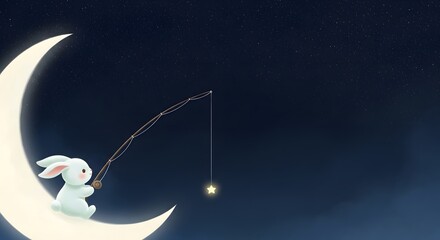 Cute Rabbit Fishing for Star on Crescent Moon