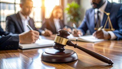 Close-up of a wooden judge's hammer resting on a court desk, with a writing lawyer in the blurry background
