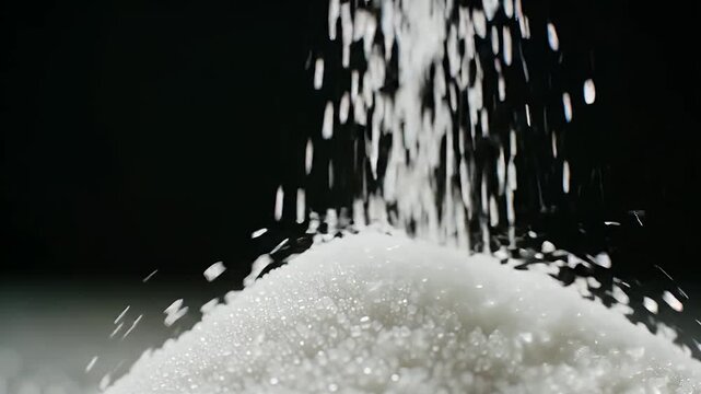 Slow Motion Capture of Pouring Granulated White Sugar Forming a Textured Mound Against a Dark Backdrop Ideal for Culinary Projects and Sweetness Concepts and Food Production Processes