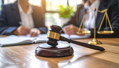 Close-up of a wooden judge's hammer resting on a court desk, with a writing lawyer in the blurry background