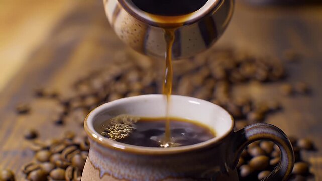 Close Up of Dark Coffee Flowing from a Pitcher into a Mug with Coffee Beans on Wooden Table Coffee Pouring Creates a Rich Texture with Aroma of Coffee A Coffee Cup on a Wooden Table Close to Coffee